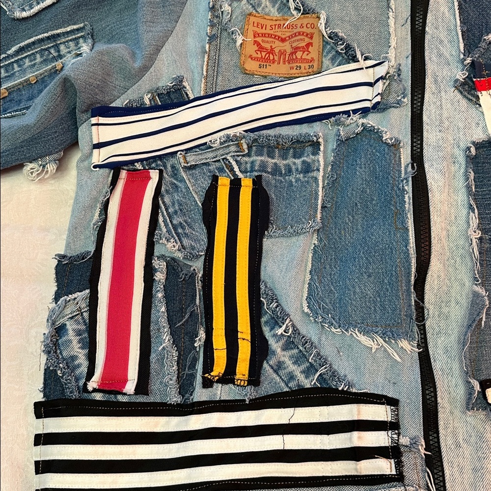 Denim Jacket Patchwork Distressed Upcycled Jean J… - image 7